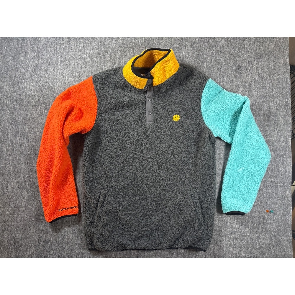 Dutch Bros‎ Coffee Colorblock Sherpa Fleece Pullover Grey Orange Teal Medium